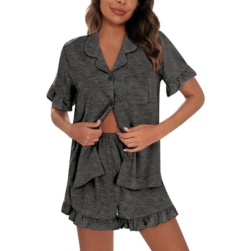 SWOMOG Woman Pajama Set Short Sleeve Pjs Set 2Pcs Short Pajamas Button Down Ruffle Hem Sleepwear Soft Modal Loungewear
