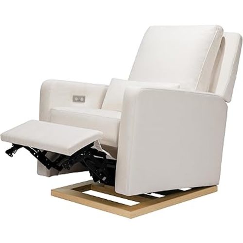 Babyletto Sigi Electronic Power Recliner & Swivel Glider with USB Port in Performance Cream Eco-Weave with Light Wood Base, Water Repellent & Stain Resistant, Greenguard Gold and CertiPUR-US Certified