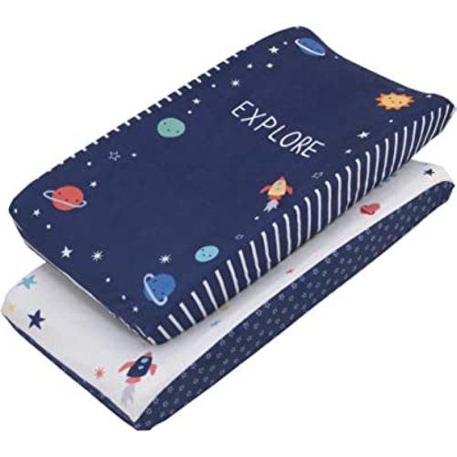 NoJo "Love You to The Moon" Navy & Multi Color Cosmic 2 Pack Super Soft Changing Pad Covers, Navy, White, Yellow, Orange