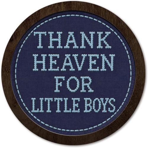 PeakClub Baby Boy Room Baby Shower Decor, Thank Heaven for Little Boys Wall Decor, Playroom Round Wooden Wall Art, Vintage Boys Toddler Room Nursery Decoration 10x10 Inch - Blue