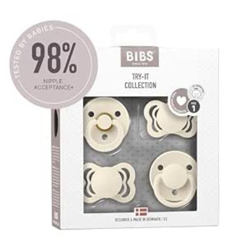 BIBS Try-It Collection | 4-Pack Soothers | BPA-Free Round, Anatomical & Symmetrical Nipple | Natural Rubber Latex/Silicone | Made in Denmark | 0-6 Months | Ivory | Mixed Nipple Types | Natural Rubber Latex & Silicone | Size 1 | BPA-Free | High Nipple Acce