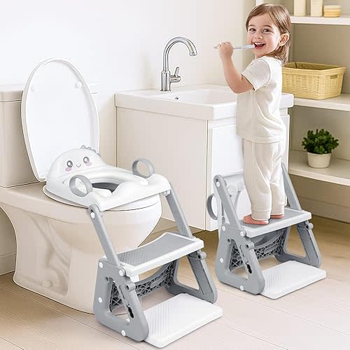 Potty Training Seat with Step Stool, 2-IN-1 Toddler Potty Training Toilet for Kid Boys Girls, Adjustable Toilet Seat for Toilet with ladder, Splash Guard, Anti-Slip Pad and Safety Handle, Gray