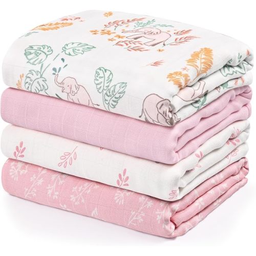 GLLQUEN BABY Muslin Swaddle Blankets 4Pk Receiving Blanket Large 35" x 40" | Soft Cotton Baby Blankets for Girls Boys Breathable Nursery Swaddles for Newborns, Baby Essentials Shower Gift, Pink Elephant
