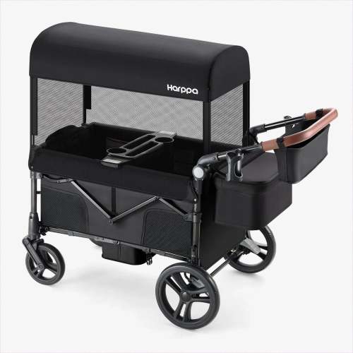 Harppa Remy 2-Seat Foldable Kids Wagon Stroller with Canopy, Snack Tray & Cup Holders for Family Outings