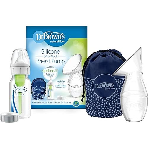 Dr. Brown's 100% Silicone One-Piece Breast Pump,Hands-Free Breast Milk Collector with Anti-Colic Options+ Baby Bottle (4 oz/120 mL),Level 1 Nipple,Travel Lid and Travel Bag