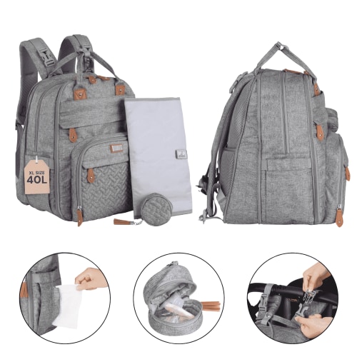 BabbleRoo Original Diaper Bag Backpack – Extra Large 40L Baby Bag with Changing Pad, Insulated Bottle Pockets & Stroller Straps, Waterproof Travel Bag for Moms & Dads, Light Gray