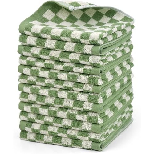 Jacquotha Wash Cloths Super Soft (Green Checkered), Wash Clothes 12 Pack Cotton Face Cloths for Washing Face Showering 13x13 Inches, Chrsitmas Gifts