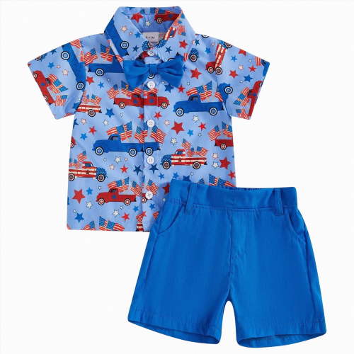 mgoYE Baby Boy Clothes 6-9 Months Infant Toddler Baby Boy Outfit Car Print 4th of July Button Short Sleeve Bow Shirt Shorts Set 2Pcs Summer Clothes(Blue,12-18 Months)