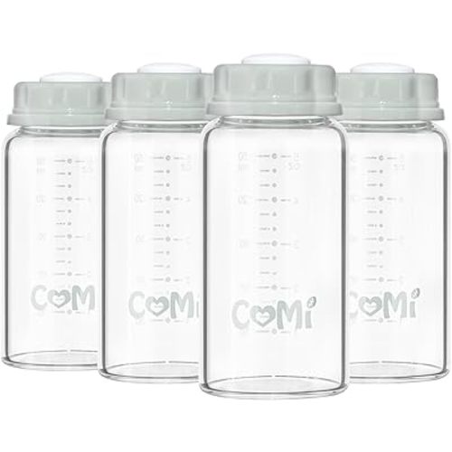 COMI Standard Neck Glass Baby Bottle, Breastmilk Storage Bottle for Fridge,Breast Milk Container,Breast Pump Bottle Compatible with Medela Breast Pump,BPA Free,4PCS (5oz,4 Gray Lids)