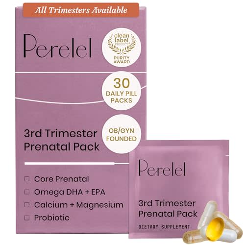 Perelel 3rd Trimester Prenatal Vitamins for Women, Choline, Folate, & Iron | Nutritional Support for Late Pregnancy, Folate, Omega 3, & Magnesium, Soy & Gluten Free, Non-GMO, 30 Daily Pill Packs