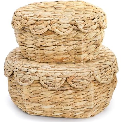 Eorbow 2 Pack Wicker Storage Basket with Lid, Scalloped Edge Rattan Decorative Boxes, Handwoven Bins for Shelf, Hyacinth Display Organizer for Home Decor Bedroom Living Room
