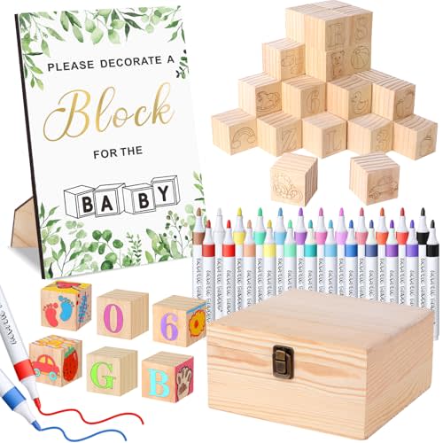 Baby Shower Blocks Game Set with Wooden Box, Acrylic Markers & Wooden Sign for Baby Shower Games, Gender Reveal & Decorations (GreenLeaves)