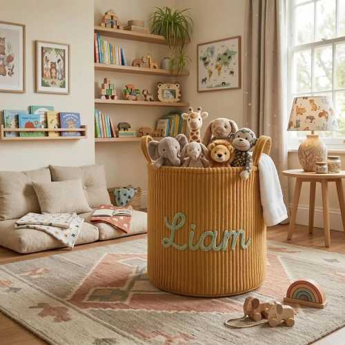 White Personalized Corduroy Toy Basket Custom Yarn Name Lettering Soft Neutral Baby Nursery Room Storage