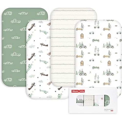 Gllquen Baby Bedside Sleeper Sheets 33x20 Inch 4 Pack - Fitted Crib Mattress Covers, Ultra Soft Oeko-TEX Certified Bassinet Sheets for Girls Boys, Gift Ready Box for Baby Shower (Retro Traveler)