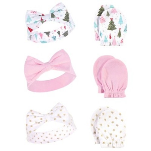 Hudson Baby Infant Girls Cotton Headband and Scratch Mitten 6pc Set, Sparkle Trees, 0-6 Months