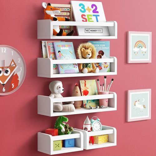 HOMEY PANDA Wall-Mounted Nursery Bookshelves - 3 Long + 2 Mini Shelves, Kids Room Storage (White Pine Wood)