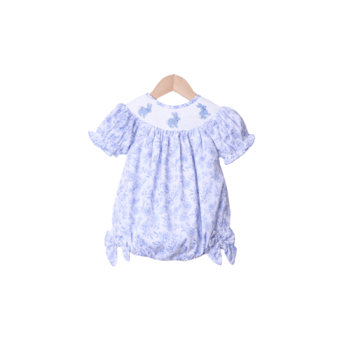 Smocked Blue Floral Bishop Bunny Bow Bubble - 9M