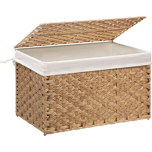 Wicker Storage Basket with Lid, 27.7 Gallon (105L) Large Blanket Basket with Lid, Woven Storage Bin with Handles, Removable Liner, Metal Frame, Foldable, for Bedroom, Laundry Room, Natural