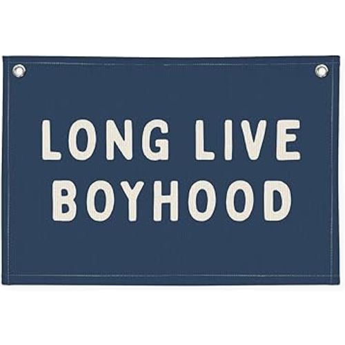 Long Live Boyhood Banner, Canvas Wall Hanging Banner Flag for Nursery Playroom, Toddler Boys Kids Room Decor (Navy Blue)