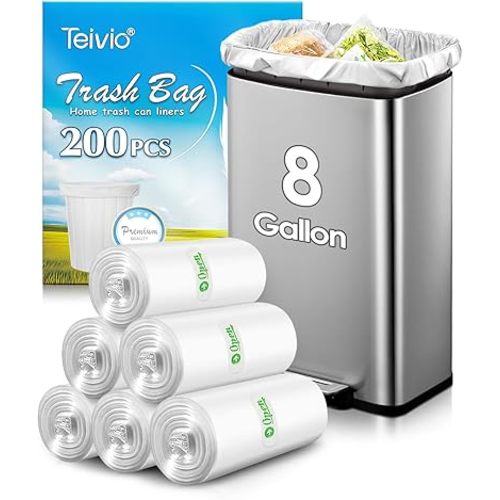 8 Gallon 200 Counts Strong Unscented Medium Trash Bags,Fit 7,8,9,10 Gal Garbage Bags by Teivio, 30 Liter Thick Bathroom Can Bin Liners,Plastic Bags for Home Office Kitchen, Clear