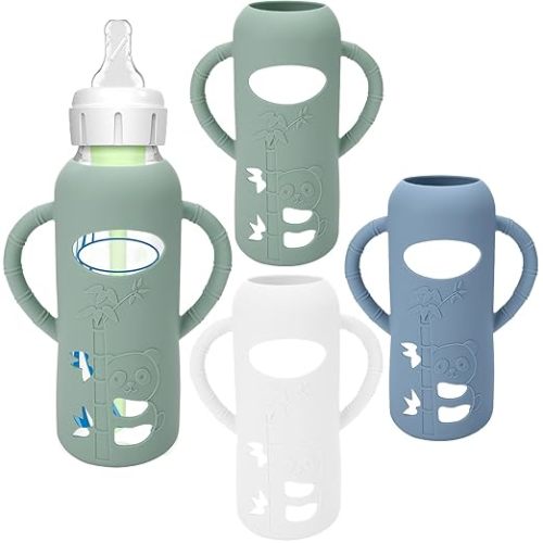 3 Pack Silicone Sleeves for Dr. Brown's Glass Baby Bottles - Drop Protection Baby Bottle Sleeves,Compatible with Dr. Brown's Newborn Glass Bottles,with Silicone Handles,8 oz