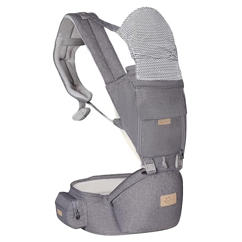 FRUITEAM 6-in-1 Baby Carrier with Waist Stool/Hip Seat for Breastfeeding, One Size Fits All - Adapt to Newborn, Infant & Toddler (Greyish)