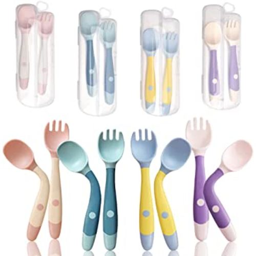 Baby Utensils Spoon Fork with Travel Case, Toddler Utensils for Self Feeding Bendable Handle Silverware for Kids Children (4 Set, Pink+Yellow+Green+Purple)