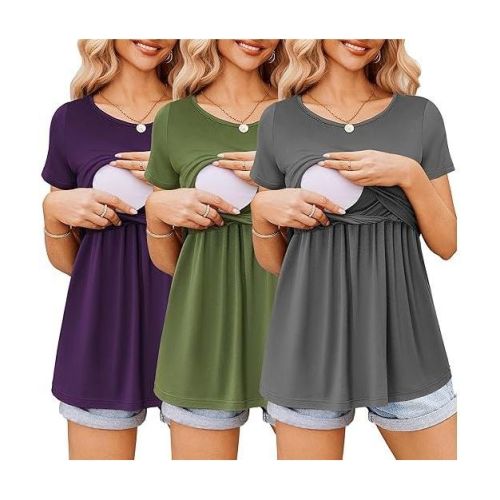 Ekouaer Womens Nursing Tops 3 Packs Short Sleeve Breastfeeding Shirts Double Layer Shirt Nursing Shirts Purple&dark Gray&deep Green M