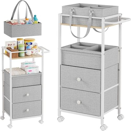 Baby Diaper Caddy Organizer Cart with Drawers - 3In1 Rolling Storage Cart with Wheels, Removable Diaper Caddy, Detachable Dividers - for Crib, Bedroom, Art & Craft Organizer (Off White)