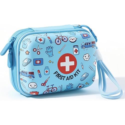 Mini First Aid Kit for Kids - 160 Pcs Water-Resistant Hard Shell Compact Emergency Kit for Travel, Home, School, Car, Camping & Hiking - Portable with Elastic Fabric Band-Aids