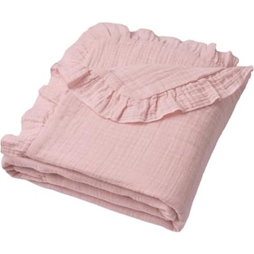 Muslin Swaddle Blankets, 100% Cotton Crepe Swaddle Blanket with Ruffled Edge, 40"×36" Soft Breathable Baby Receiving Blankets, Newborn Swaddle Wrap, Stroller Cover (Pink)