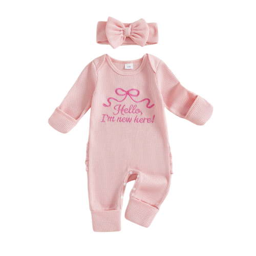 BemeyourBBs Hello I'm New Here Newborn Baby Girl Romper Going Home Outfits Bow Embroidered Long Sleeve Jumpsuit Headband