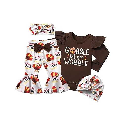 Baby Girl Clothes,4pcs Infant Newborn Girl Outfits Ruffle Romper Baby Bell Bottoms Headband Bandana Clothes Sets Gifts