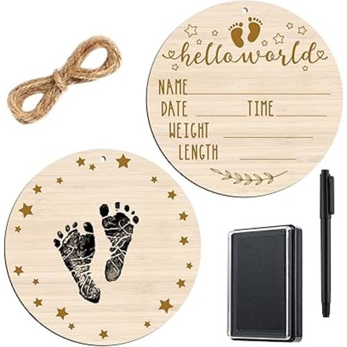 Thyle Baby Announcement Wooden Name Sign for Hospital Birth Double Sided Newborn Welcome Sign with Marker Pen and Ink Pad for Baby Shower Hand Footprints(Round)