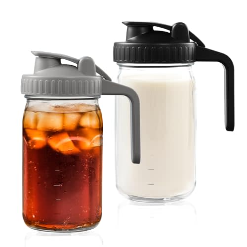 2 Pack Glass Pitcher with Lid, Wide Mouth Mason Jars 32 oz, Glass Breast Milk Pitcher Mason Jar, Glas Pitchers with Handle and Lid Easy to Clean, Ideal for Coffee & Creamer, Iced & Sun Tea, Juices