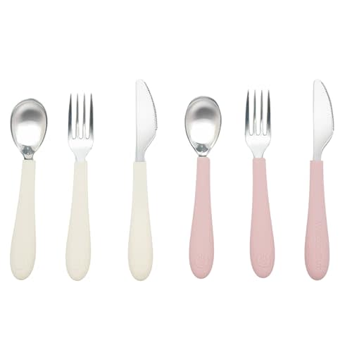 Kids Stainless Steel Utensils Set - Premium 18/8 Grade Silverware Kit - 2 Spoons, 2 Forks, and 2 Knives for Ages 4-7 - Silicone Easy-Grip Handles - Children Flatware Cutlery (Matte - Pink, Off White)
