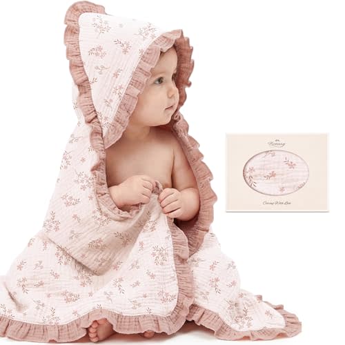 Konssy 100% Muslin Cotton Soft Baby Hooded Bath Towel with Lace Ruffle | Quick-Drying, Super Absorbent, 32" x 32", for Delicate Skin, Infants & Toddler, for Boy Girls Newborn Essentials(Soft Blooms)