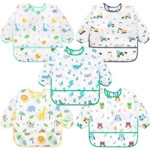 Accmor 5 Pack Long Sleeve Bibs, Baby Smock Waterproof Sleeved Bib Smock for Baby Toddler 6-36 Months