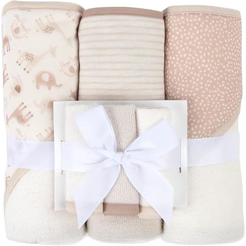 Jessica Simpson 6 Piece Printed Hooded Bath Towel and Washcloth Set for Infant, Newborns and Toddlers 3 – 24 Months for Bath Time, Showers, Lounge, Beach and Pool (6 Piece Zoo Animals Print)