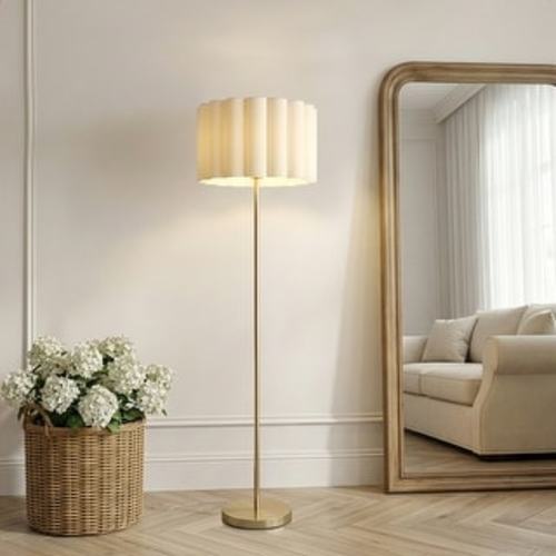 Brightech Estelle 65 in. Antique Brass Contemporary Mid-Century Modern LED Floor Lamp with Pleated White Fabric Drum Shade
