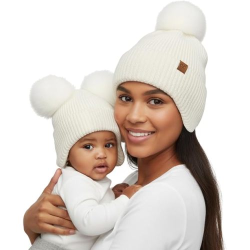 Funky Junque Mommy & Me Double Pom Beanies – Mama & Mini Matching Winter Outfits, Mom & Infant Baby Girl Beanie Hat Set