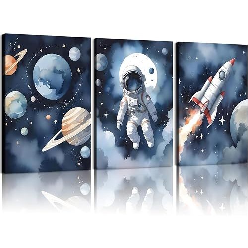LYYGLYY 3Pcs Framed Watercolor Space Themed Canvas Wall Art 12x16 Inches