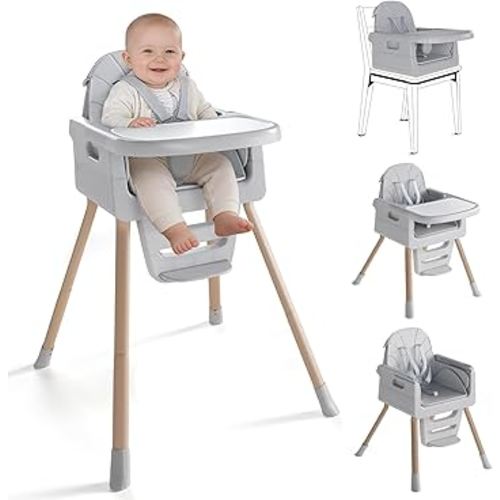 Baby High Chair for 6 Months+, Foldable High Chairs for Babies and Toddlers, Convertible Toddler Chair, Adjustable Tray & Footrest, Lightweight, Stable & Easy to Clean(Grey with Wood Grain)