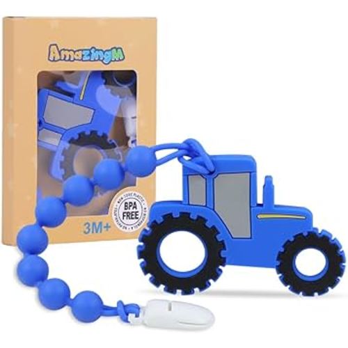Baby Food Grade Silicone Tractor Truck Teether Toy with Pacifier Clip Holder,Teething Toys Gift Set for 3 Months+ Boys and Girls,Freezer Safe,BPA Free. (Blue)