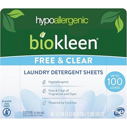 Biokleen Laundry Detergent Sheets - Dye & Fragrance Free, Hypoallergenic, Enzymatic Cleaner, Stain Remover, Bio Active Formula, No Plastic Jug, Unscented, 100 Loads