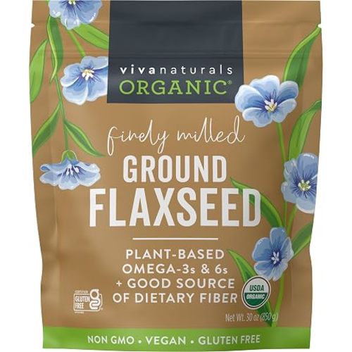 Viva Naturals Organic Ground Flaxseed, 15 oz (425 g) – Plant-Based Protein, Vegan Omega-3 & Fiber, Finely Milled Flax Seeds, Perfect for Smoothies & Baking