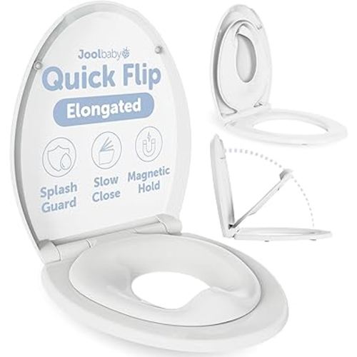 Quick Flip Elongated Toilet Seat with Built-In Potty & Splash Guard for Toddler Training, Slow Close - Jool Baby