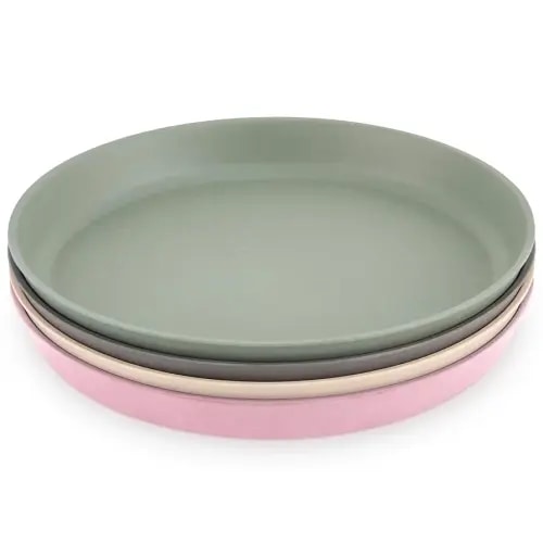 WeeSprout Bamboo Plates, Set of 4, Kid-Sized Dinnerware, Dishwasher Safe Melamine Dishware (Pink, Green, Gray, & Beige, Without Lids)