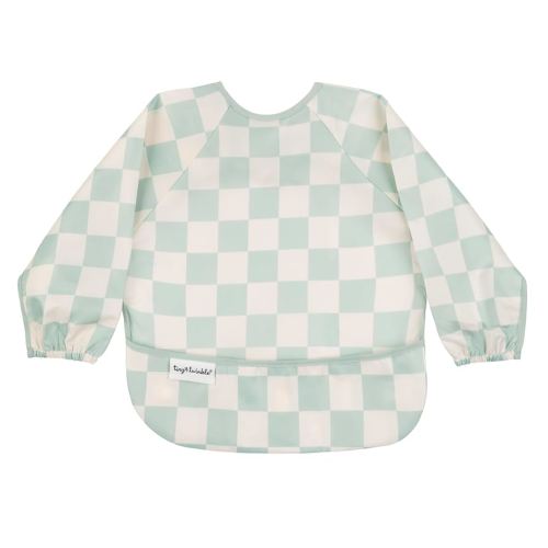 Tiny Twinkle Mess Proof Baby Bib|Waterproof Smock Bib for Eating,Machine Washable Full Sleeve with Pocket(Checkers Sage, Large 2-4 Years)