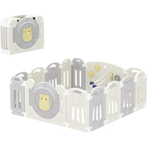 Baby Playpen, Pre-Assembled Foldable Play Yard for Babies and Toddlers with Lock Gate & Sensory Game Panel, Adjustable Safety Play Pen for Indoor Outdoor Use, 14-Panel